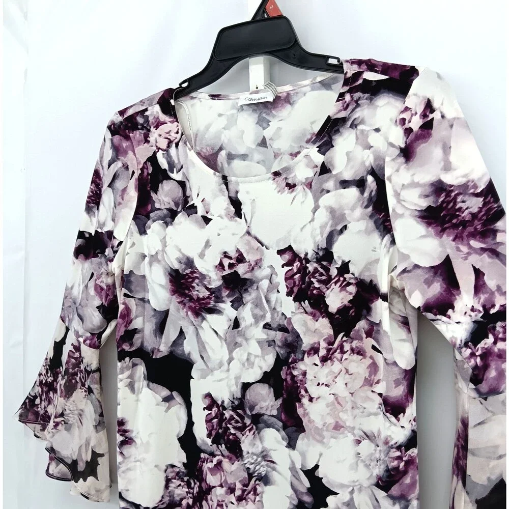 Calvin Klein Blouse Womens Large White Purple Floral Bell Sleeve Round Neck Top - Picture 2 of 6